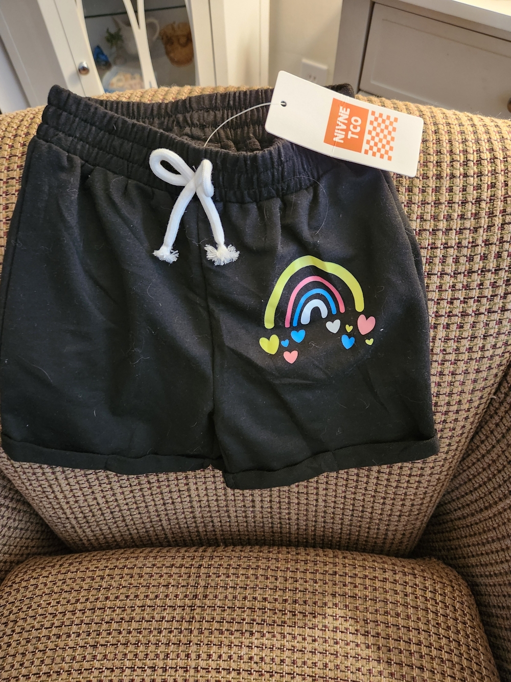 Black Kids Rainbow Heart Drawstring Shorts